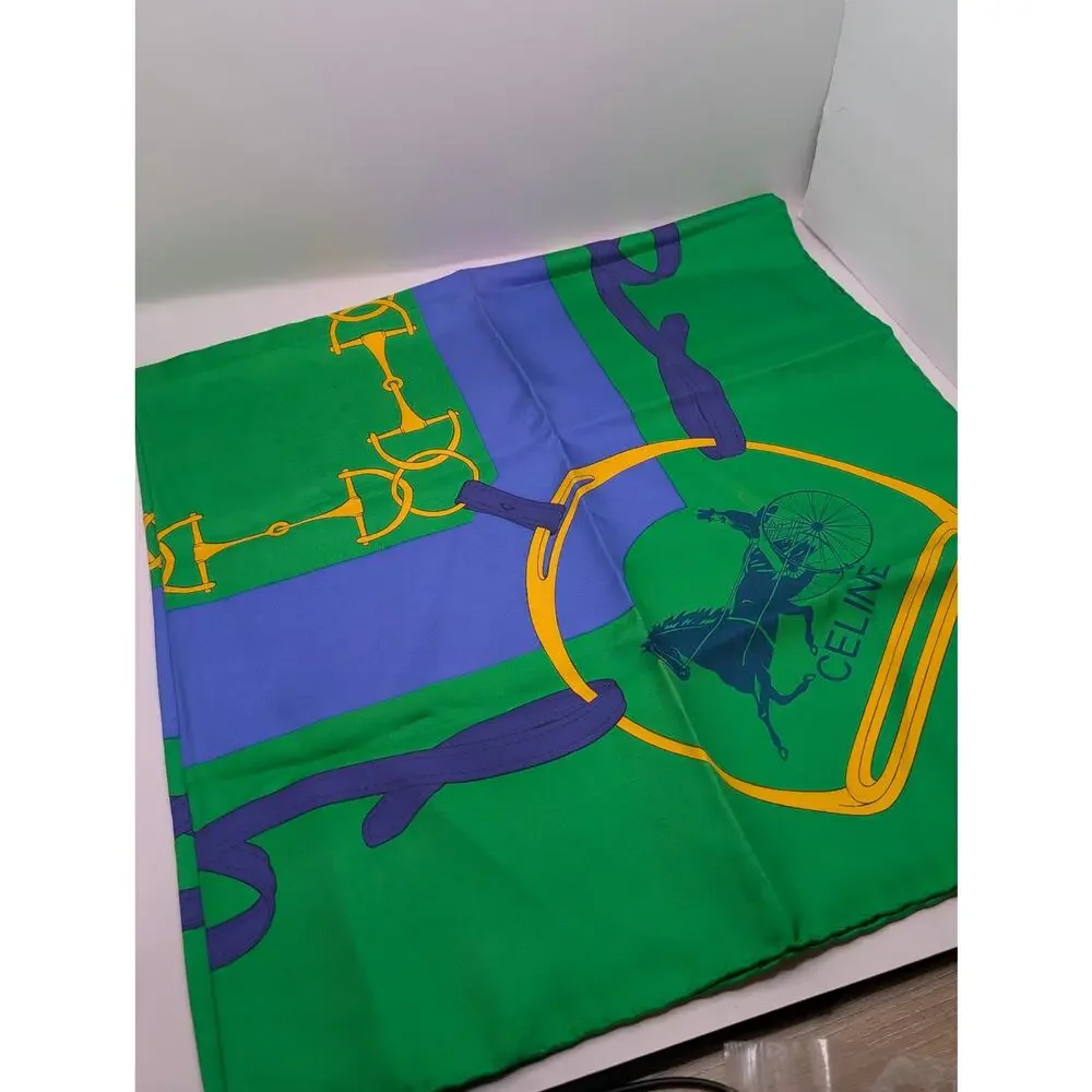Auth Celine Paris 100% Silk Equestrian Horse Bit Scarf Green, Blue Yellow 34x34